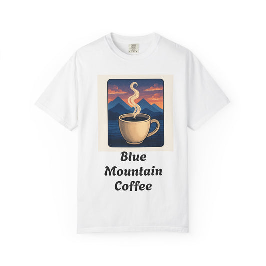 Blue Mountain Coffee T-Shirt — Vintage Sunrise Coffee Cup Tee